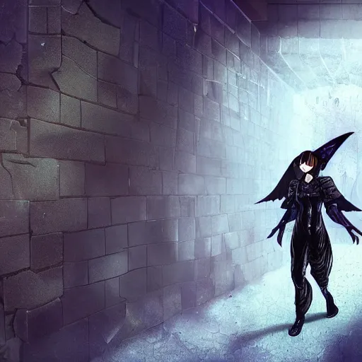 Image similar to a boy victim being intimidated by a succubus in a leather suit, devi wings, cracked brick wall, long hallway, light at the end of the tunnel, volumetric lighting, concept art, detailed, dramatic lighting, by hayao miyazaki