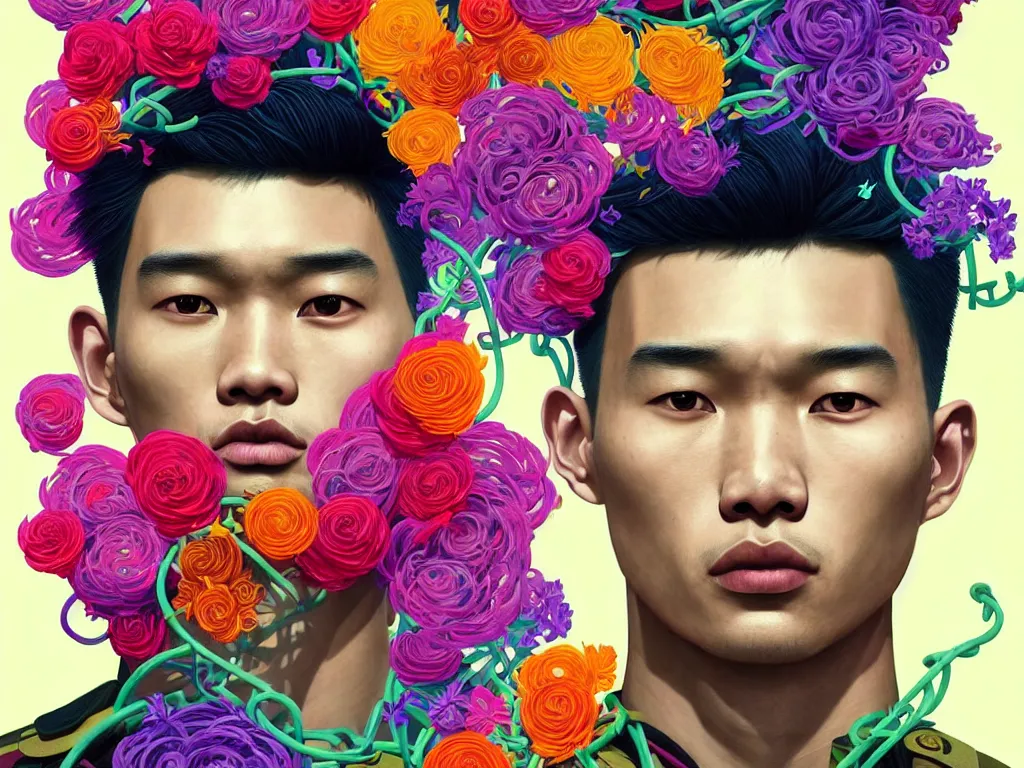Image similar to colourful vfx art - portrait of south east asian male with military haircut wrapped in flowers & vines, art by hsiao - ron cheng & james jean - presented as magazine collage style, volumetric light, colourful, sharp, detailed, digital painting, illustration, magazine collage, highly detailed, intricate detail, unreal engine, octane render, pinterest, behance, art station