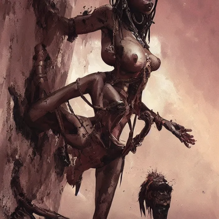 Prompt: african tribal domme mistress, rubber, spikes, passionate, smooth, concept art, realistic painting, digital art by greg rutkowski, by junji ito