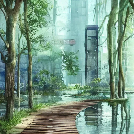 Image similar to Wooden footpath next to water in beautiful overgrown futuristic sci-fi city in harmony with nature. Nice colour scheme, soft warm colour. Beautiful detailed watercolor by Lurid. (2022)