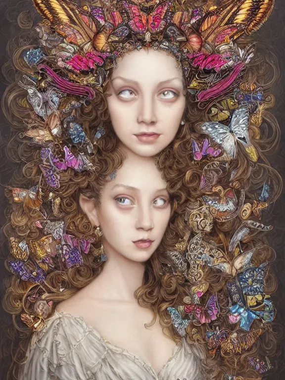Prompt: a beautiful portrait render of young lady who has baroque dramatic headdress with intricate fractals of butterflies and tassels made of flower,by by Daveed Benito and Billelis and aaron horkey and peter gric,trending on pinterest,rococo,hyperreal,jewelry,gold,ruby,feminine,intricate,maximalist