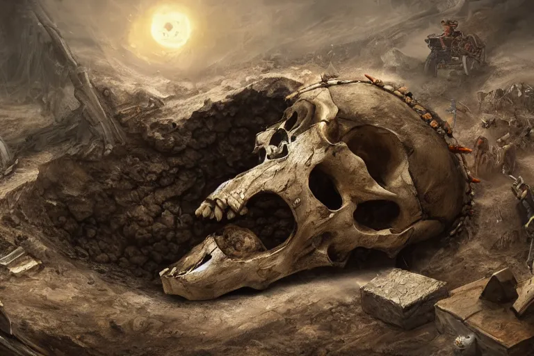 Image similar to a giant skull being unearthed in an excavation site, digital painting, mixed media, trending on artstation and deviantart, epic composition, magnum opus, highly detailed, 8 k