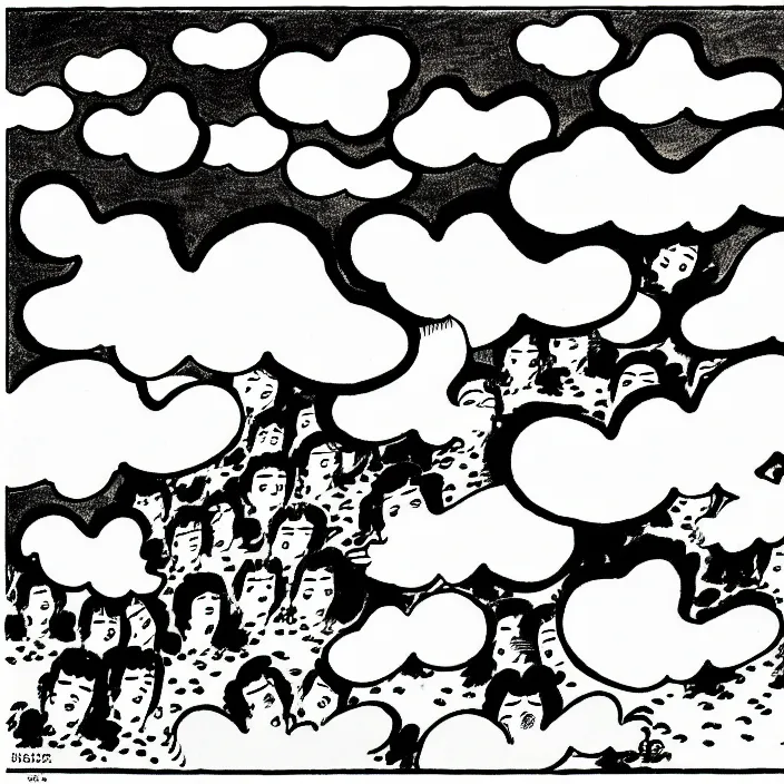 Image similar to a still frame from comic strip, birds dancing clouds 1 9 5 0, herluf bidstrup, new yorker illustration, monochrome contrast bw, lineart, manga, tadanori yokoo, simplified,