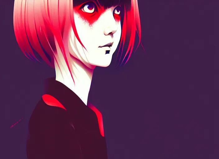 Image similar to editorial illustration by karolis strautniekas and mads berg, colorful, anime portrait vampire princess miyu, katsuhiro otomo, manga, ilya kuvshinov, fine texture, realistic shading, fine details, matte colors, film noir, dramatic lighting, dynamic composition, moody, vivid, volumetric