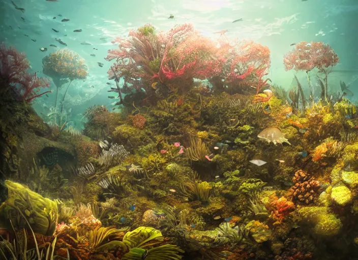 Image similar to overgrown foliage overtaking favela, underwater environment, coral, scenery, professional, award - winning, trending on artstation, detailed, realistic, beautiful, emotional, shiny, golden, picture
