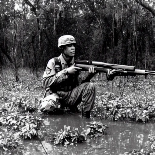 Image similar to american soldier in the swamps of louisiana in the 1 9 5 0 s holding an m 1 garand photograph