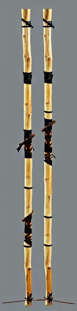 Image similar to picture of a single wooden long straight thin ninja fighting staff with oriental ornaments, bamboo, weapon, highlight, vertical, centred, highly symmetric, sci - fi, fantasy, japan, dnd, close shot, bright uniform background, award winning