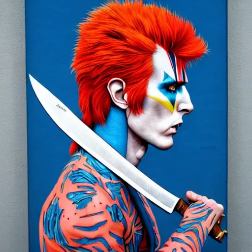 Prompt: Ziggy Stardust holding a Bowie knife, james jean, masterpiece