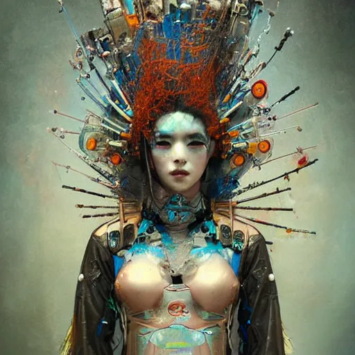 Prompt: cyberpunk geisha warrior by cy Twombly and BASTIEN LECOUFFE DEHARME, iridescent, fractal costume detail, high tech, circuit boards