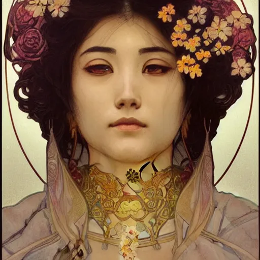 Image similar to beautiful eyes raining flowers bodhisattva, praying meditating, elegant, portrait art by greg rutkowski and alphonse mucha