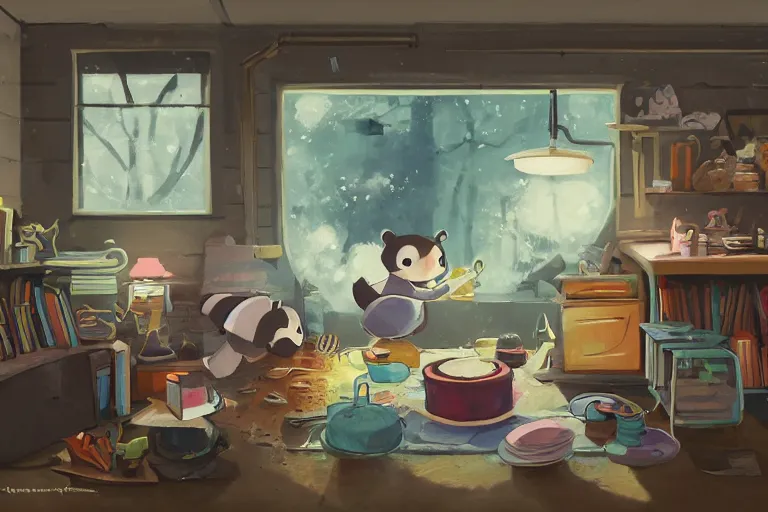 Prompt: color key, Daisuke Tsutsumi, Robert Kondo, cute fluffy badgers washing dishes, underground in a hovel, fish eye lens,kitchen table, comfy chairs, cosy fireplace, clutter everywhere, stack of books on side table, rug on floor by fireplace, family framed on the wall, cosy