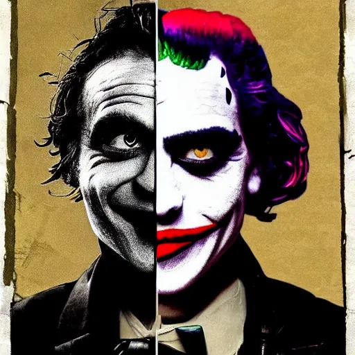 Image similar to mimmo rottela and banksy as joaquin phoenix skinny joker holding hand lady gaga harley queen, ultra photorealistic, intricate details, pop art style, concept art, random object movement, 3 colors, 4 k, smooth, sharp focus