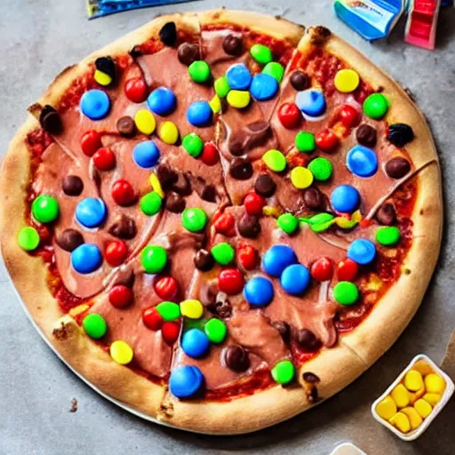 Image similar to pizza with nutella, skittles, gummi bears, and candy toppings, whipped cream