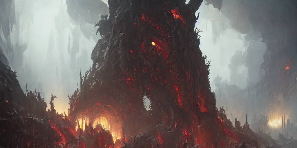 Prompt: a demon overlord in the pits of hell, greg rutkowski, 8 k, shallow depth of field, intricate detail, concept art,