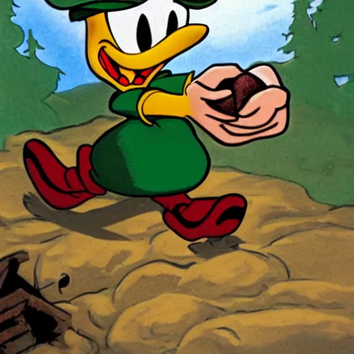 Prompt: Young Scrooge McDuck at White Agony Creek holding up goose egg nugget, hyper realistic