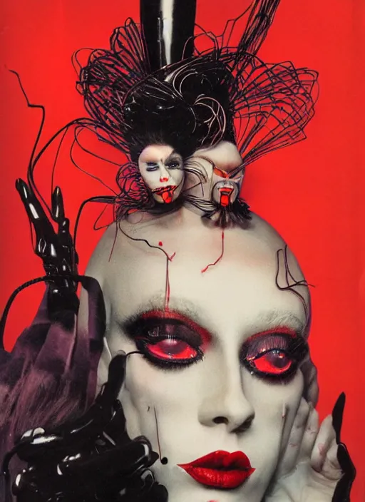 Image similar to an 8 0 s portrait of a woman with dark eye - shadow and red lips with dark slicked back hair, a mask made of wire and beads, dreaming acid - fueled hallucinations by serge lutens, rolf armstrong, delphin enjolras, peter elson, red cloth background