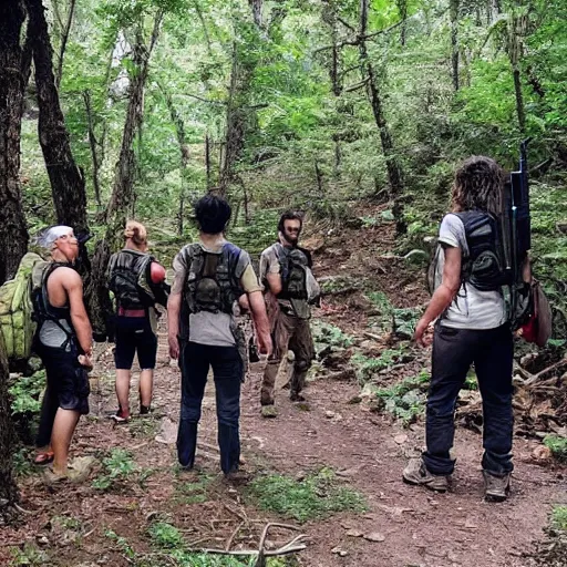 Prompt: A group of friends were hiking through the woods when they came across an ancient temple. They are surrounded by a group of armed men.