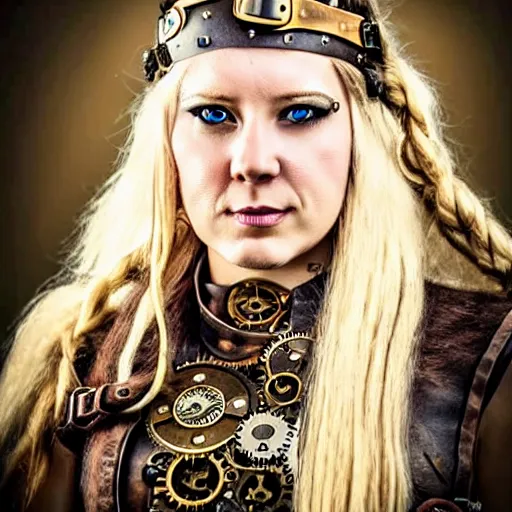 Prompt: photo of a real-life steampunk female viking