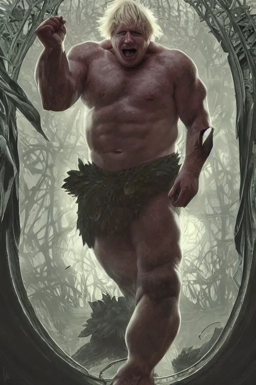 Image similar to portrait of boris johnson as a hulking herculean demon, forest, godlike, full body, fantasy, intricate, elegant, highly detailed, digital painting, artstation, concept art, sharp focus, illustration, art by artgerm and greg rutkowski and alphonse mucha