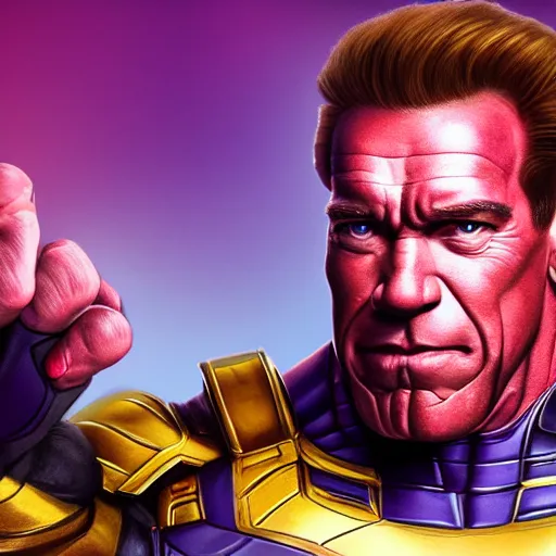 Image similar to arnold schwarzenegger as thanos, highly detailed, amazing digital art, cinematic, trending on artstation, 4K HD