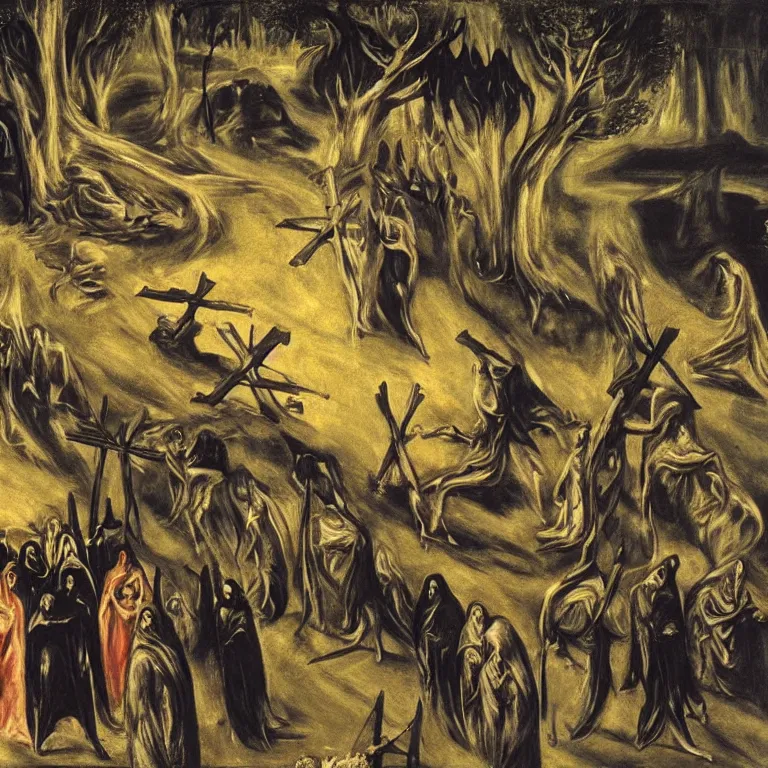 Prompt: A Holy Week procession of grim reapers in a lush Spanish landscape at night. A hooded figure at the front holds a cross. El Greco, Remedios Varo, Salvador Dalí, Carl Gustav Carus, Edward Hopper.