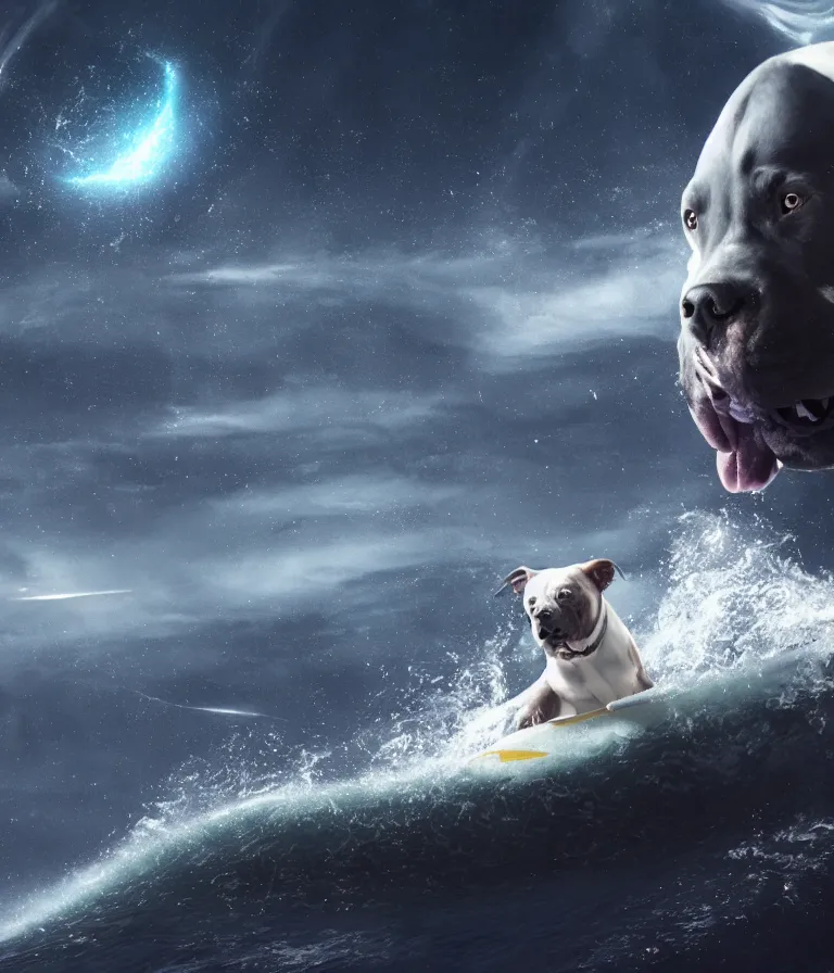 Image similar to photo of a dark gray coat pit bull with a white paws!, surfing on a surfboard in a crashing wave of alien ocean in space, background is an alien galaxy, aliens in the background, alien colors, octane render, unreal engine, wide view, 8 k, highly detailed