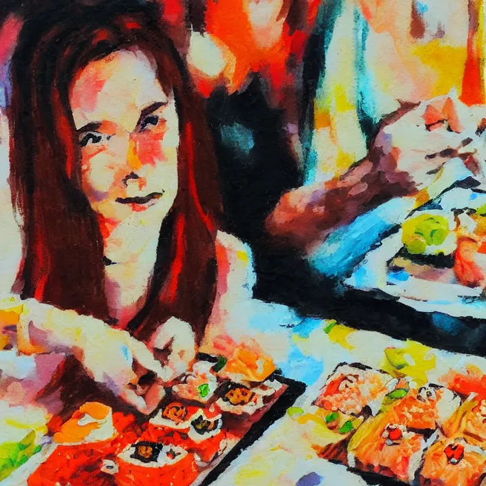 Image similar to portrait of beautiful woman eating sushi painted with colorful gouache impasto