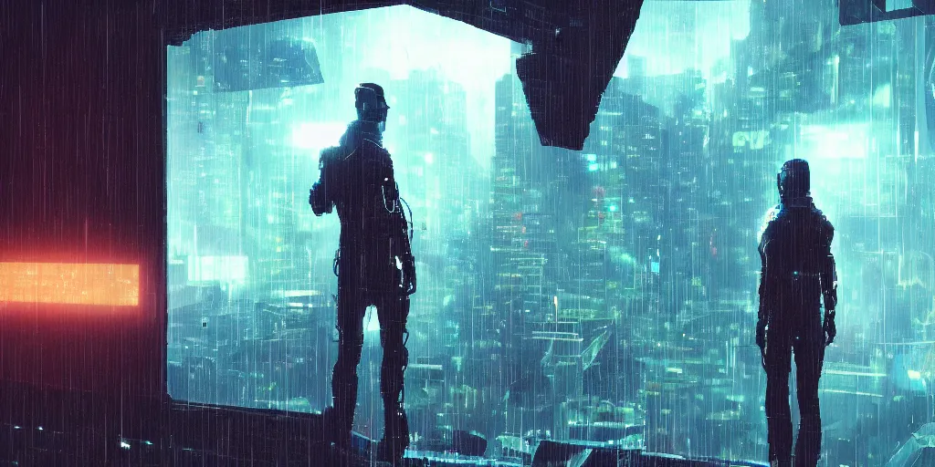 Image similar to one cyber person of cosmic nebula galaxy watching, towards a raining cyberpunk futuristic city from behind at night through a window, 4 k, photorealistic, wet, highly detailed, cinematic moody by ridley scott, trending on artstation, glowing and epic