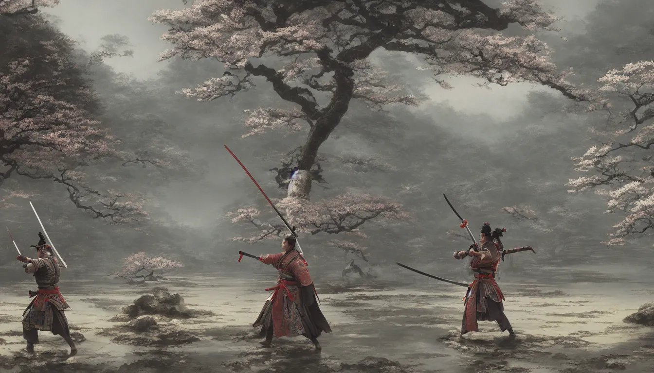 Prompt: a detailed matte painting of a Samurai holding a katana, Shinto temple in the background, Sakura garden, art by Greg Rutkowski, highly detailed, 8k