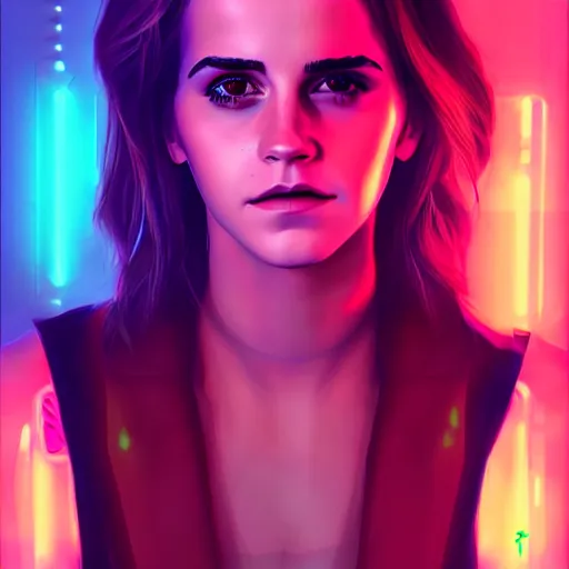 Image similar to Portrait of Emma Watson, cyberpunk style futuristic neon lights, artstation cgsociety masterpiece