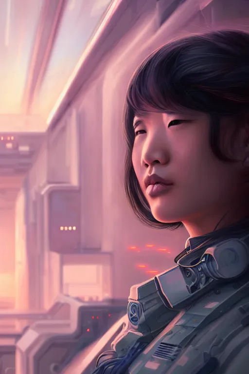 Image similar to portrait futuristic asian airforce girl, looking at the camera, in future airport rooftop , sci-fi, fantasy, intricate, very very beautiful, elegant, human anatomy, neon light, highly detailed, digital painting, artstation, concept art, smooth, sharp focus, illustration, art by tian zi and WLOP and alphonse mucha