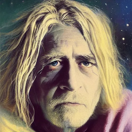 Prompt: UHD tonalism painting of an elderly, old Cosmic Kurt Cobain, by Antonio Caparo and Ferdinand Knab and Greg Rutkowski, UHD, photorealistic, trending on artstation, trending on deviantart