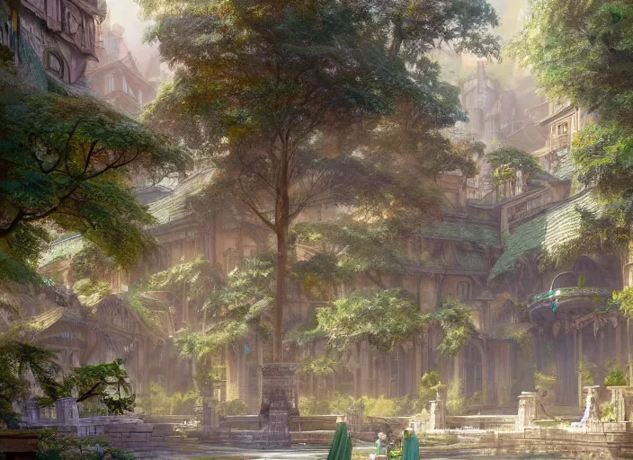 Image similar to A wide open courtyard in a beautiful, colorful elven city made of ivory, anime, lush trees, fountain, a fantasy digital painting by Greg Rutkowski and James Gurney, trending on Artstation, highly detailed