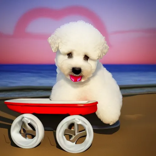 Image similar to a photorealistic photograph of a smiling white Bichon Frisé puppy pulling a little red wagon that is overflowing with french fries during sunset at the beach Trending on Artstation, featured on Behance, well-rendered, Unreal Engine, 4K HD