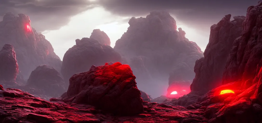 Prompt: dramatic view of empty rocky alien wasteland, mysterious red glowing fog, sharp craggy rocks, glowing ominous clouds,, unreal engine, dramatic lighting, detailed, ambient occlusion, global illumination, god rays, 3 d artstation render by greg rutowski and jessica rossier