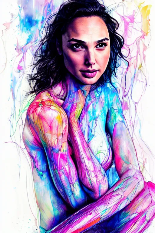 Image similar to gal gadot by agnes cecile enki bilal moebius, intricated details, sitting on a stool, full body portrait, extremely luminous bright design, pastel colours, drips, autumn lights