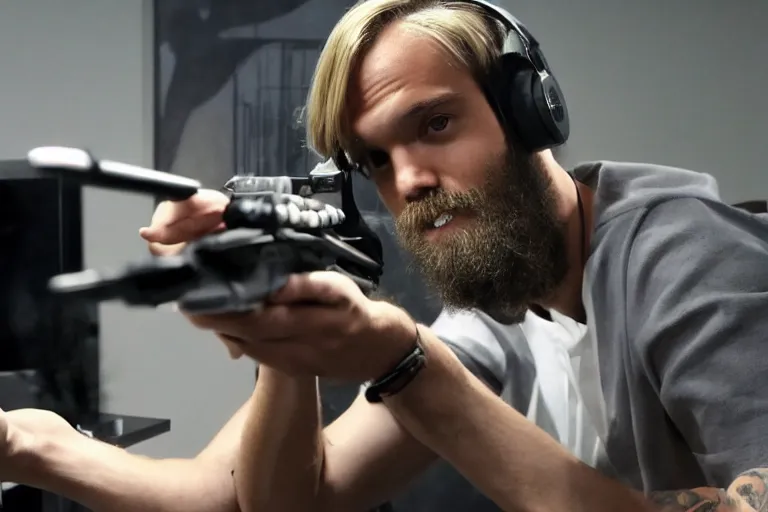 Image similar to pewdiepie doing a gaming video with a gun