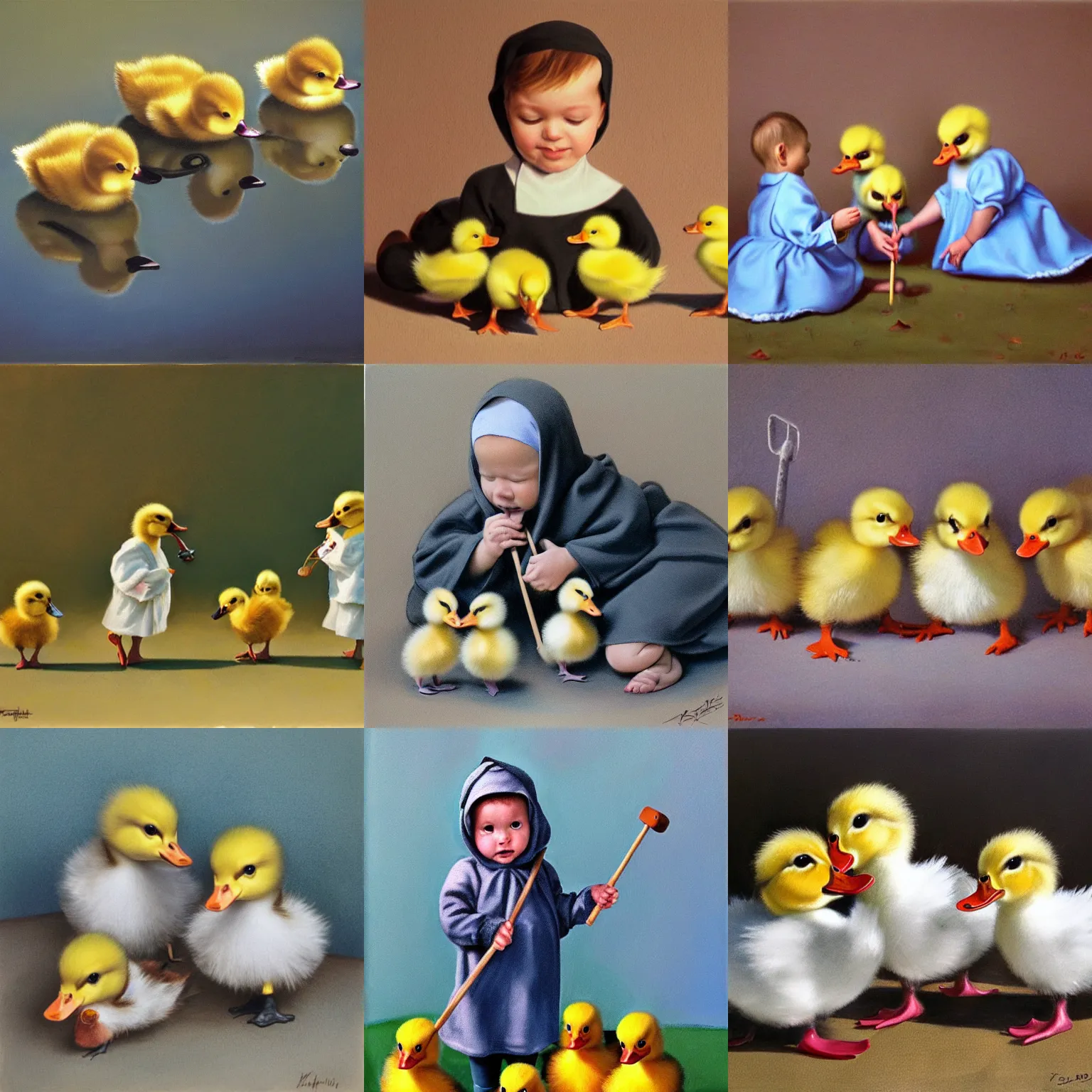 Prompt: Baby ducklings holding nun chucks, hyperrealism,