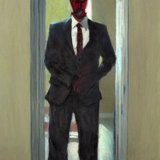 Image similar to impressionist painting of an anonymous man in a suit, standing in a doorway, artstation