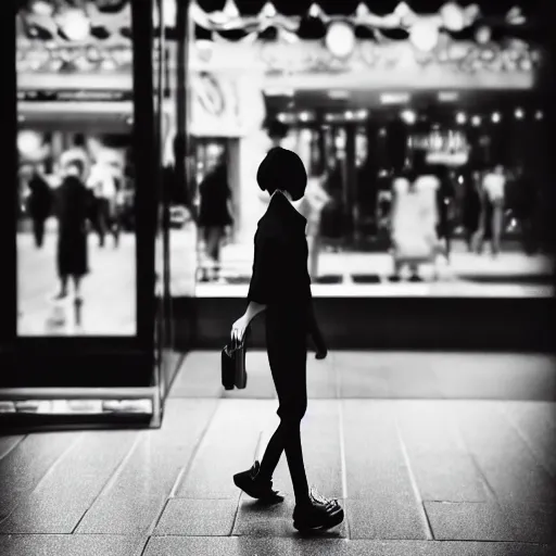 Image similar to a closeup portrait of woman walking in mall alone in style of 1990s, street photography seinen manga fashion edition, miniature porcelain model, focus on face, eye contact, tilt shift style scene background, soft lighting, Kodak Portra 400, cinematic style, telephoto
