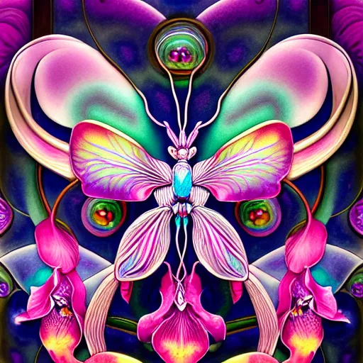 Image similar to majestic colorful orchid mantis mandala enamel by james jean and yoshitaka amano, cloisonne, iridescent, black opals, beautiful hyperdetailed art nouveau orchids, ultrasharp photorealistic octane render