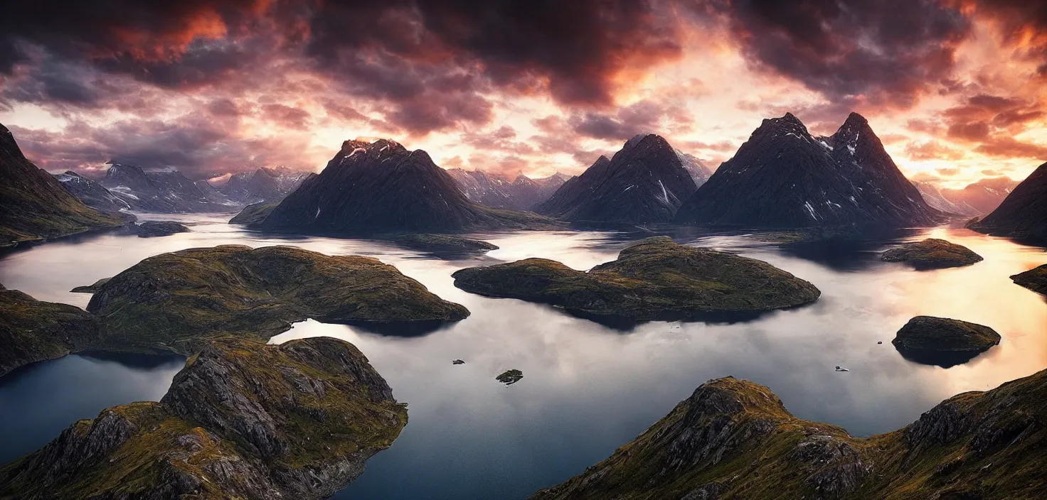 Prompt: amazing landscape photo of fjord in sunset by max rive, beautiful dramatic lighting