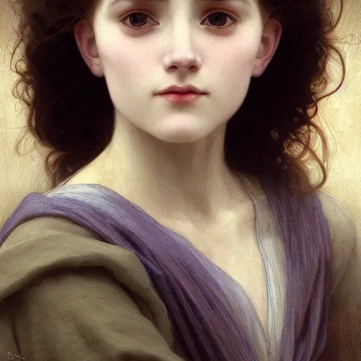 Image similar to Portrait of beautiful pale peasant girl, cinematic lighting, intricate, elegant, highly detailed, digital painting, artstation, smooth, sharp focus, illustration, art by artgerm and greg rutkowski and alphonse mucha and Wayne Barlowe and william-adolphe bouguereau