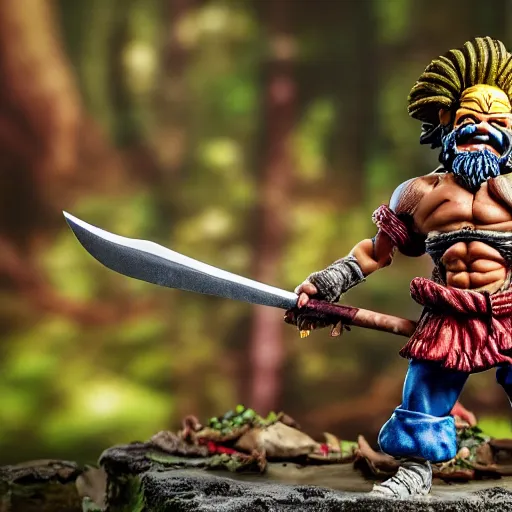 Image similar to high - res photograph of a claymation sculpture action figure warrior dwarf luffy, highly detailed sculpey diorama, forest setting, waterfall backdrop, smooth, sharp foccus, commercial product photography,