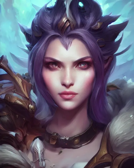 Image similar to league of legends portrait, au naturel, hyper detailed, digital art, trending in artstation, cinematic lighting, studio quality, smooth render, unreal engine 5 rendered, octane rendered, art style by klimt and nixeu and ian sprigger and wlop and krenz cushart.