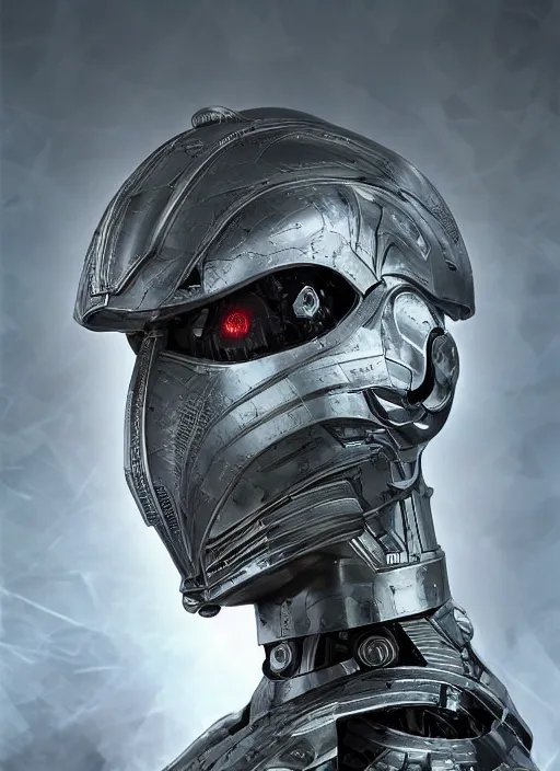 Image similar to portrait of a futuristic silver armored knight district 9 cyborg, in the style of the movie annihilation, modern fine art, fractal, intricate, elegant, highly detailed, digital photography, subsurface scattering, by jheronimus bosch and greg rutkowski,