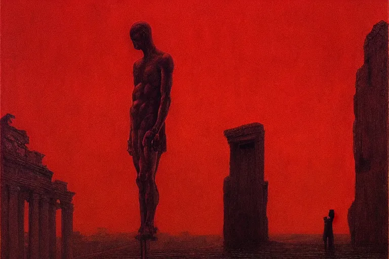 Image similar to only with red, caesar, in hoc signo vinces, rome on background, an ancient path, in the style of beksinski, part by hopper, part by rodcenko, part by hofbauer, intricate composition, red by caravaggio, insanely quality, highly detailed, masterpiece, red light, artstation