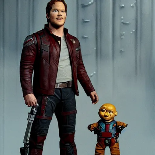 Image similar to the actor chris pratt as star lord posing together with the doll chucky from the movie child's play, inside a starship, oil painting, by greg rutkowski