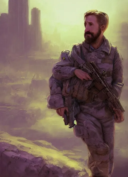 Image similar to purple scene lighting, detailed character portrait!!! concept art, older ryan gosling as a soldier with beard, short hair, in a soldier uniform, desert background, city skyline, sharp focus, illustration, highly detailed, digital painting, concept art, matte, art by wlop and artgerm and greg rutkowski, masterpiece