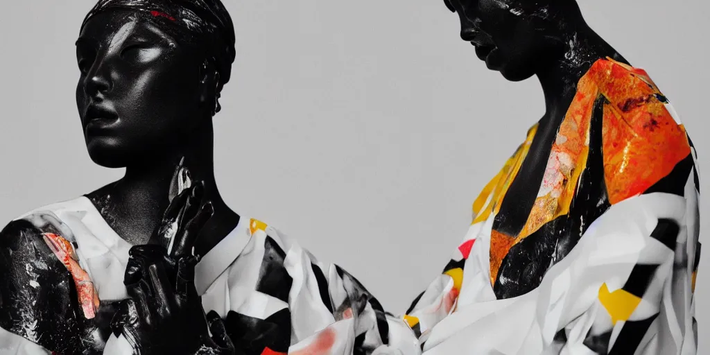 Image similar to extremely beautiful female black marble statue in the style of virgil abloh, colorful motocross logos behind her, sharp focus, clear, detailed,, cinematic, detailed, off white, glamourous, symmetrical, vogue, editorial, fashion, magazine shoot, glossy